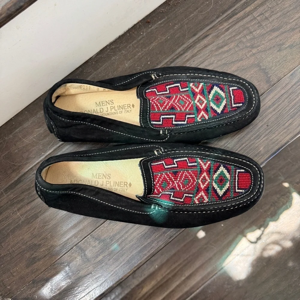 Donald J Pliner Italian Men's Loafer 8 M Black Suede Aztec Beaded Slip On Shoe